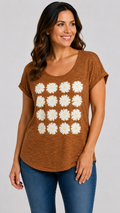 8-50 Rewind 1X Brown Daisy Graphic Short Sleeve Slub Knit Top Floral