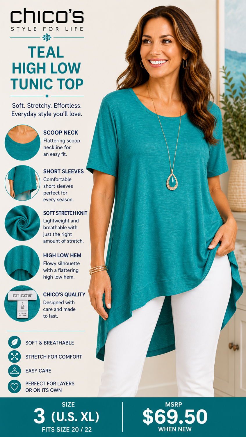 4 24 Chicos Size 3 XL Teal High Low Tunic Top Short Sleeve Stretch Knit