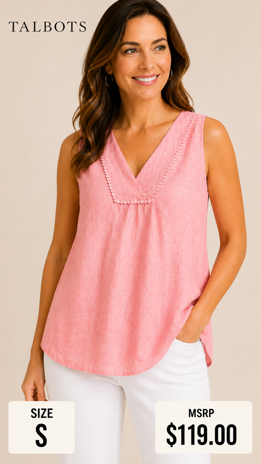 6 50 Talbots Size S Pink Linen Sleeveless V Neck Tank Top
