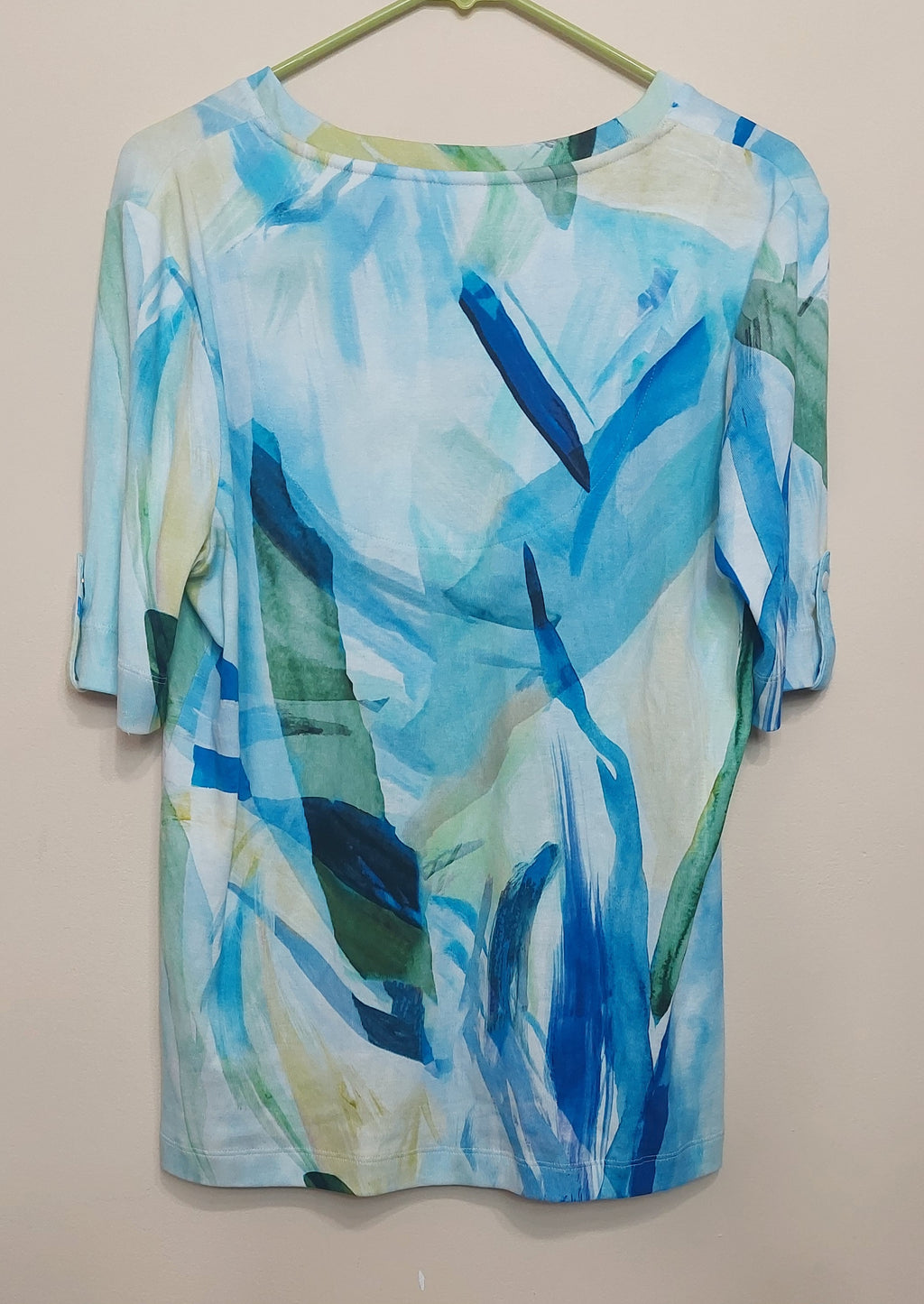 4 18 Chicos Size 2 Large Blue Green Abstract Print V Neck Knit Top