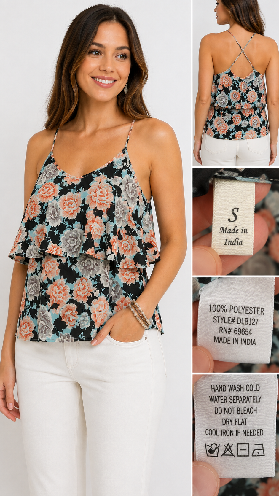 8-53 Francesca's Size S Floral Ruffle Cold Shoulder Strappy Cami Tank Top
