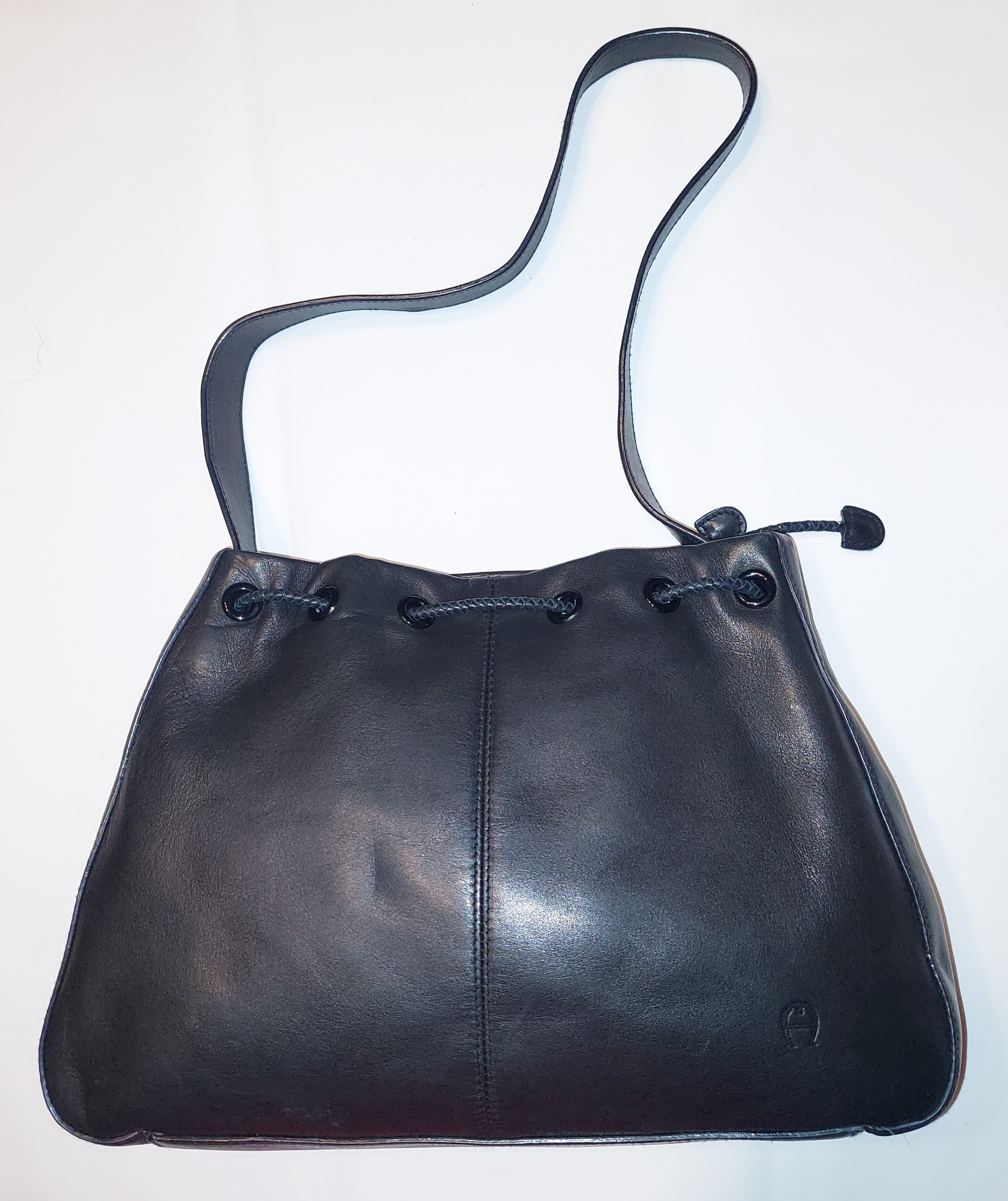 3 56 Etienne Aigner Black Genuine Leather Drawstring Shoulder Bag