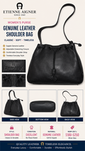 3 56 Etienne Aigner Black Genuine Leather Drawstring Shoulder Bag