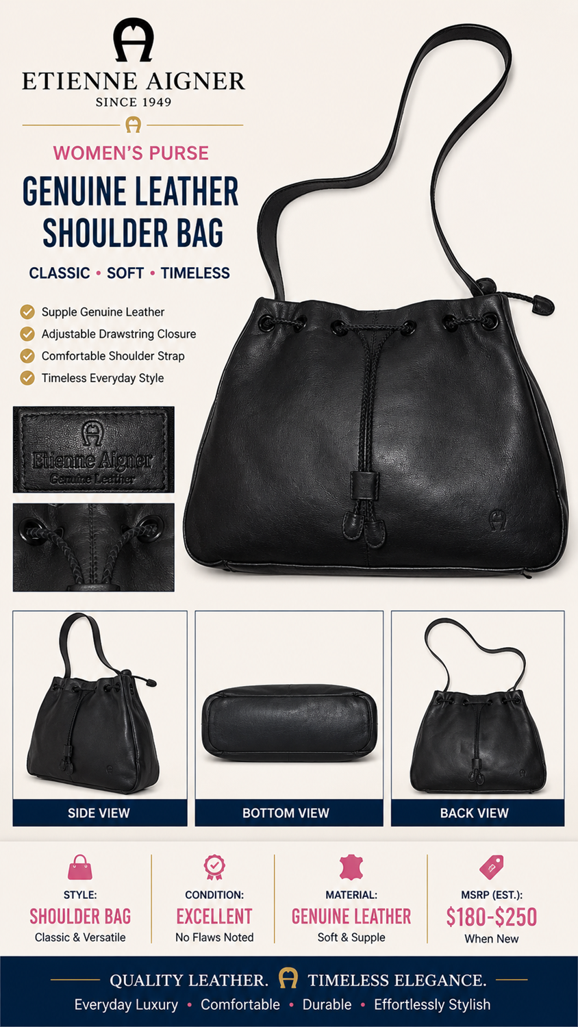 3 56 Etienne Aigner Black Genuine Leather Drawstring Shoulder Bag