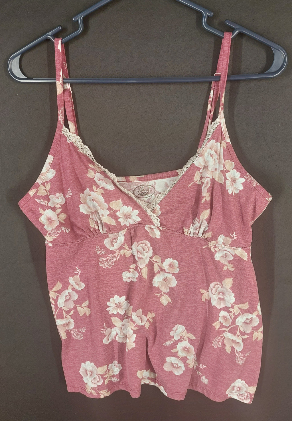 8-55 Laura Ashley Size L Pink Floral Lace Trim Spaghetti Strap Cami Tank Top