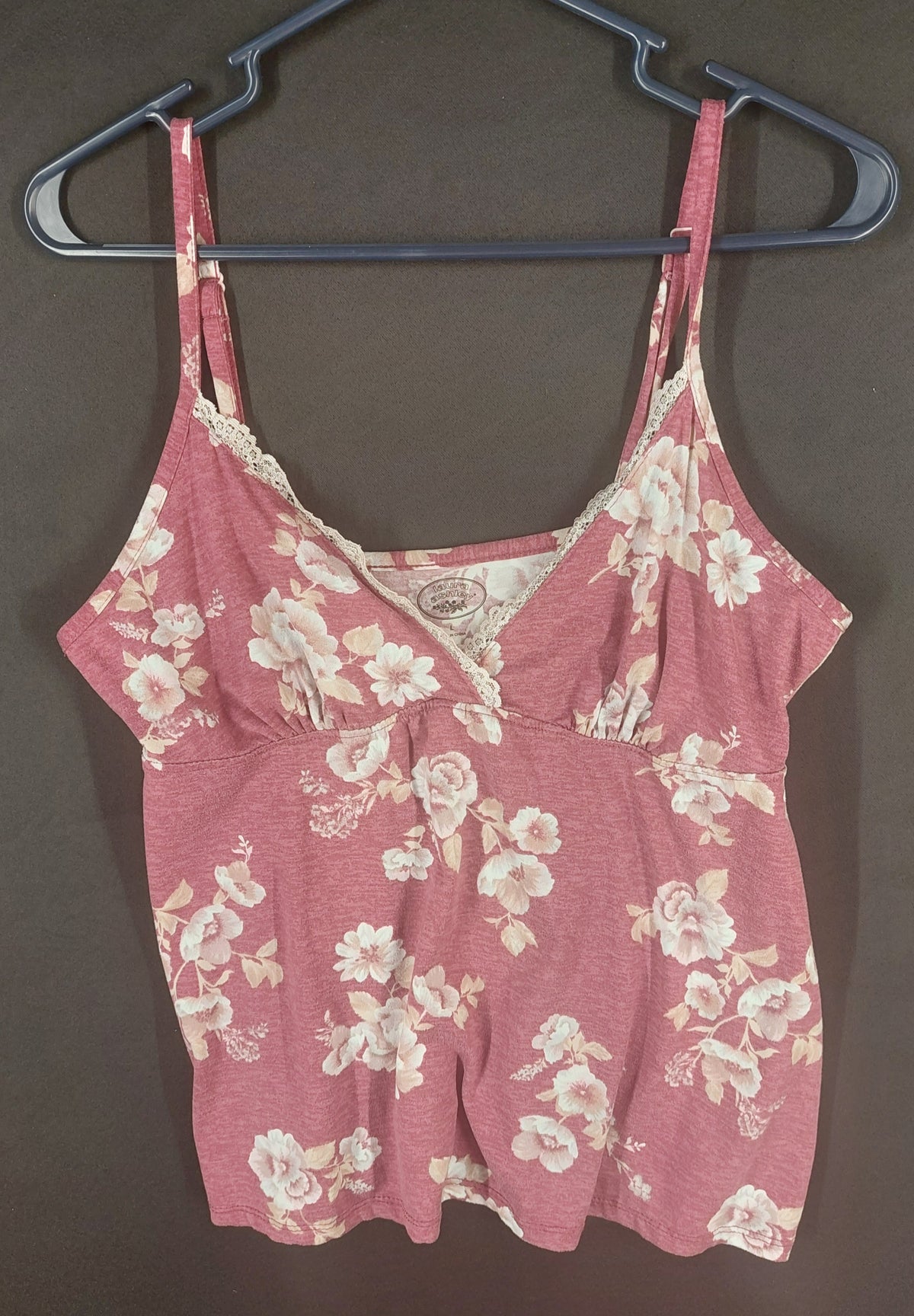 8-55 Laura Ashley Size L Pink Floral Lace Trim Spaghetti Strap Cami Tank Top