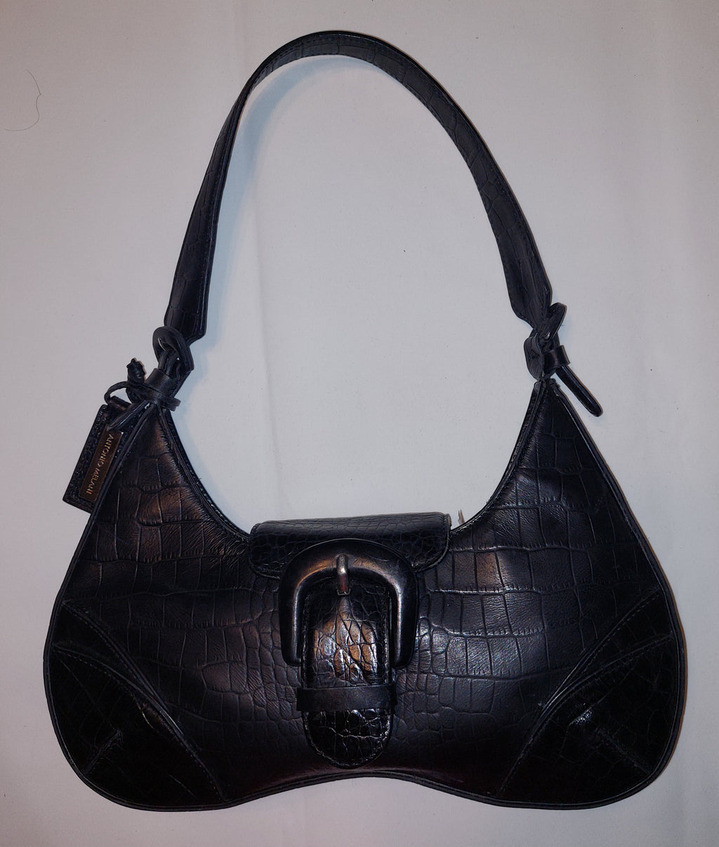 3 54 Antonio Melani Black Croc Embossed Leather Shoulder Bag Buckle Accent Purse