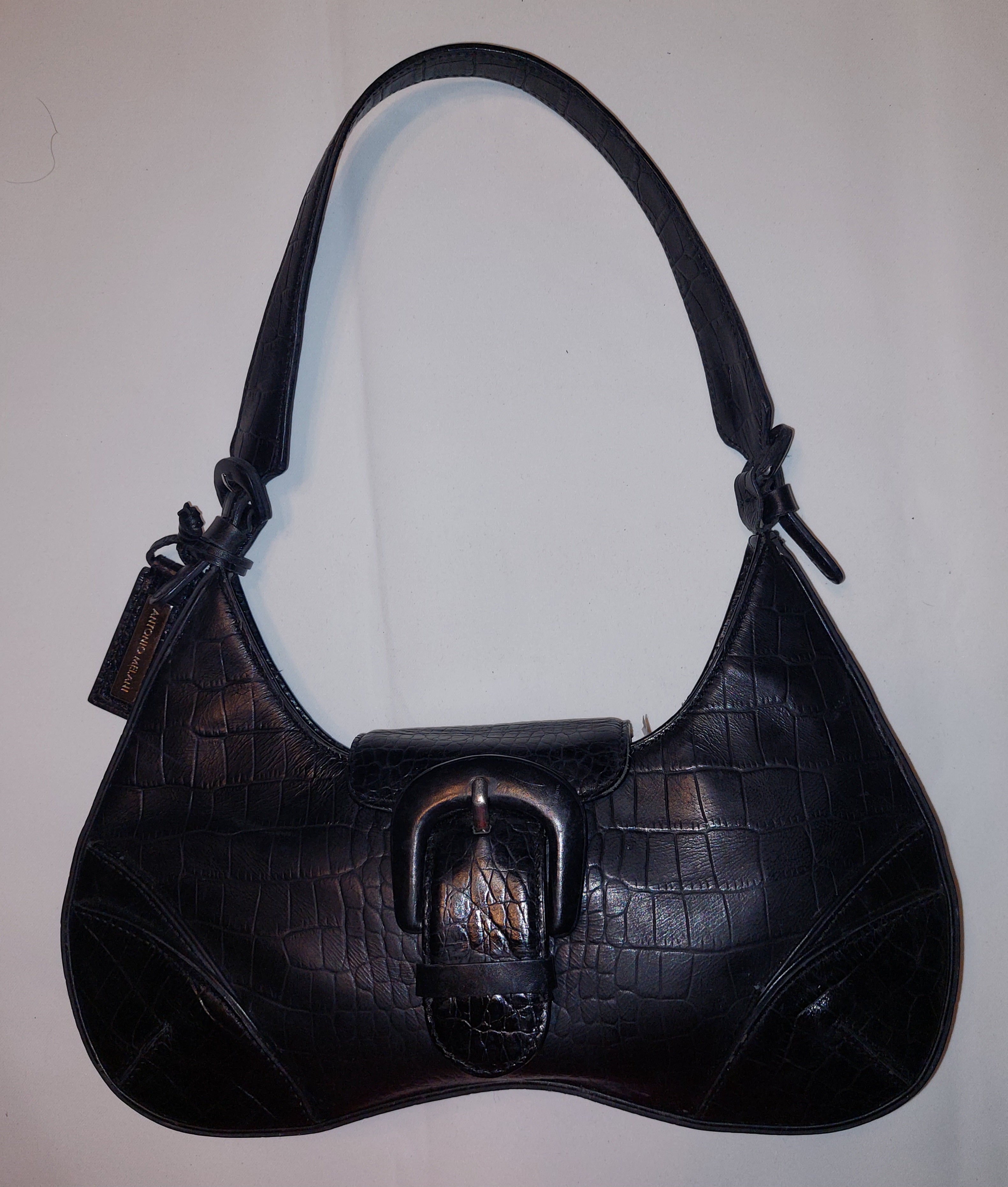 3 54 Antonio Melani Black Croc Embossed Leather Shoulder Bag Buckle Accent Purse