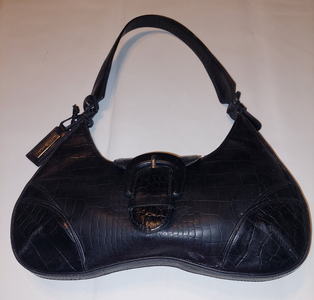 3 54 Antonio Melani Black Croc Embossed Leather Shoulder Bag Buckle Accent Purse