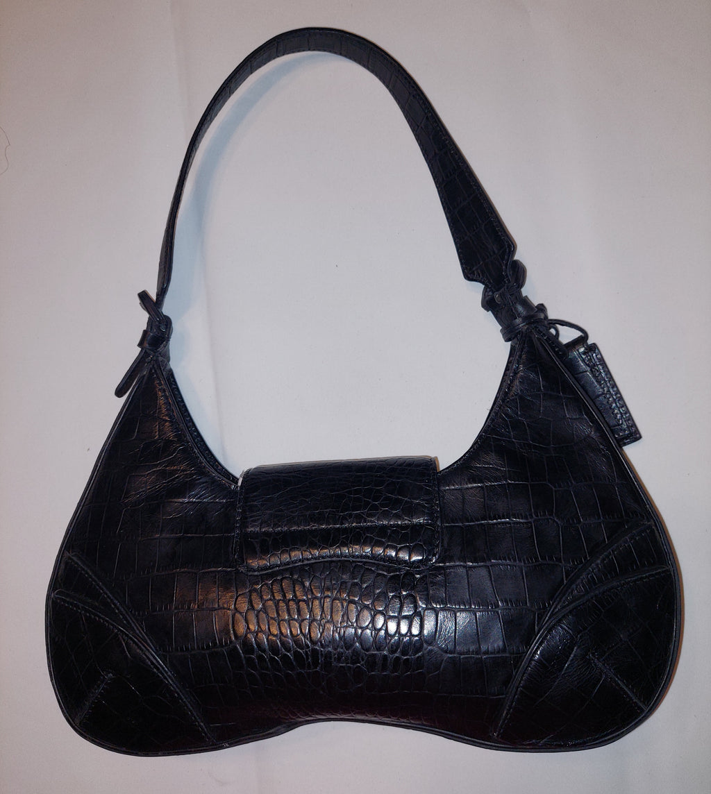 3 54 Antonio Melani Black Croc Embossed Leather Shoulder Bag Buckle Accent Purse