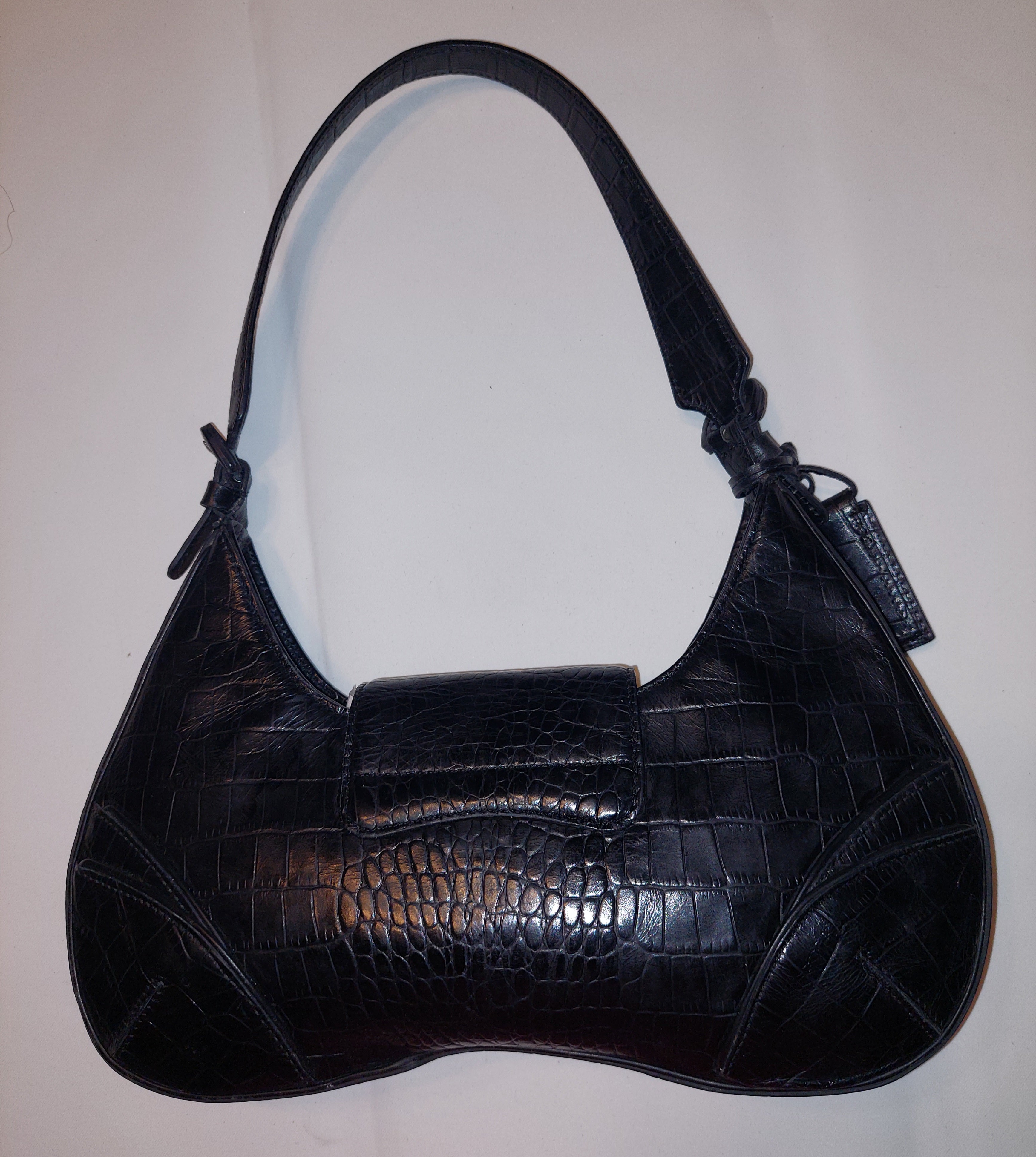 3 54 Antonio Melani Black Croc Embossed Leather Shoulder Bag Buckle Accent Purse