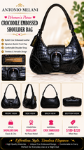 3 54 Antonio Melani Black Croc Embossed Leather Shoulder Bag Buckle Accent Purse