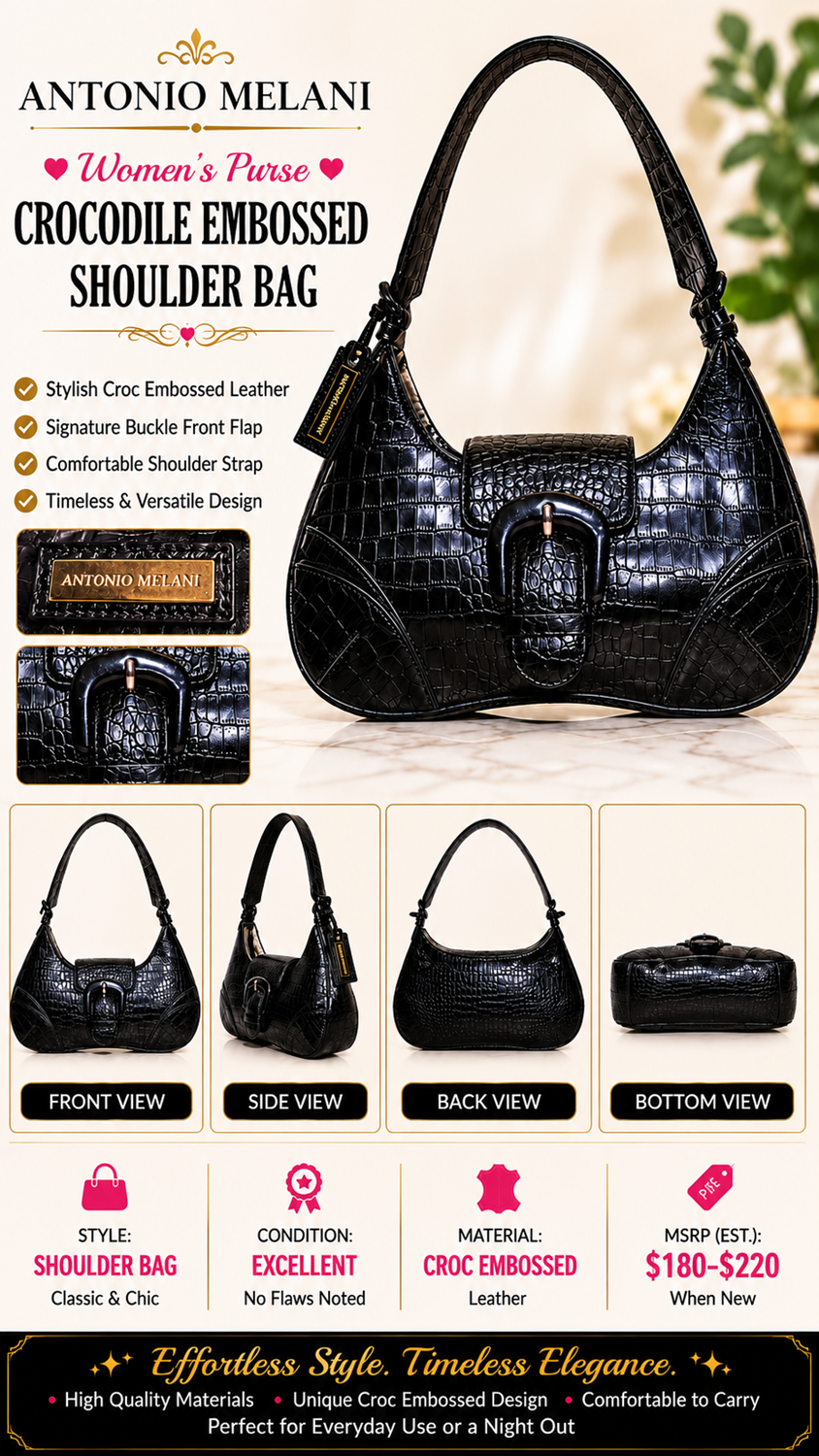 3 54 Antonio Melani Black Croc Embossed Leather Shoulder Bag Buckle Accent Purse