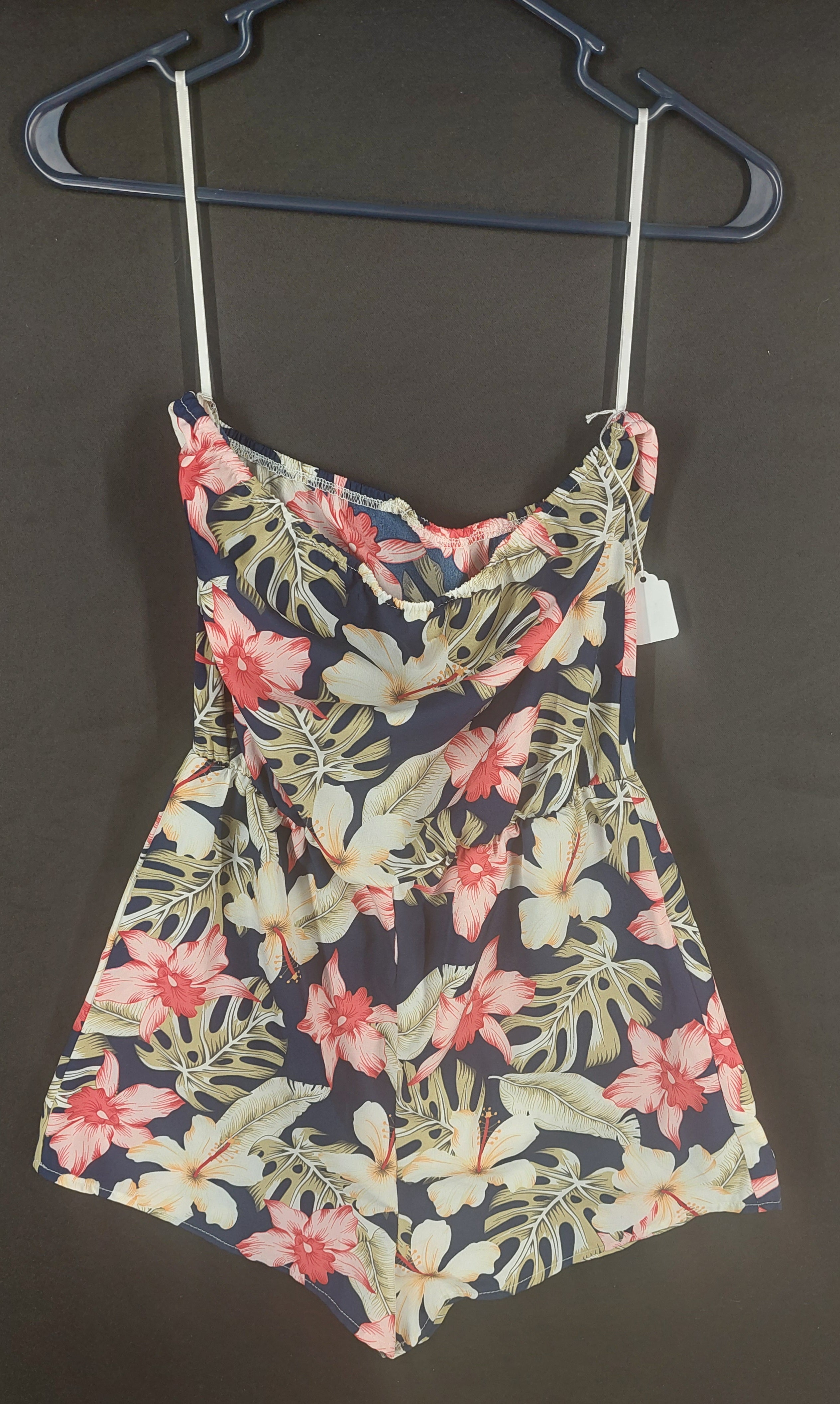 8-56 SHEIN Size XS Navy Tropical Floral Romper Cowl Neck Sleeveless Summer
