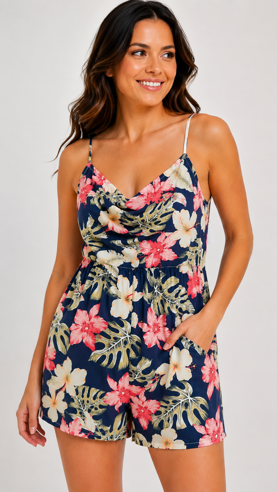 8-56 SHEIN Size XS Navy Tropical Floral Romper Cowl Neck Sleeveless Summer
