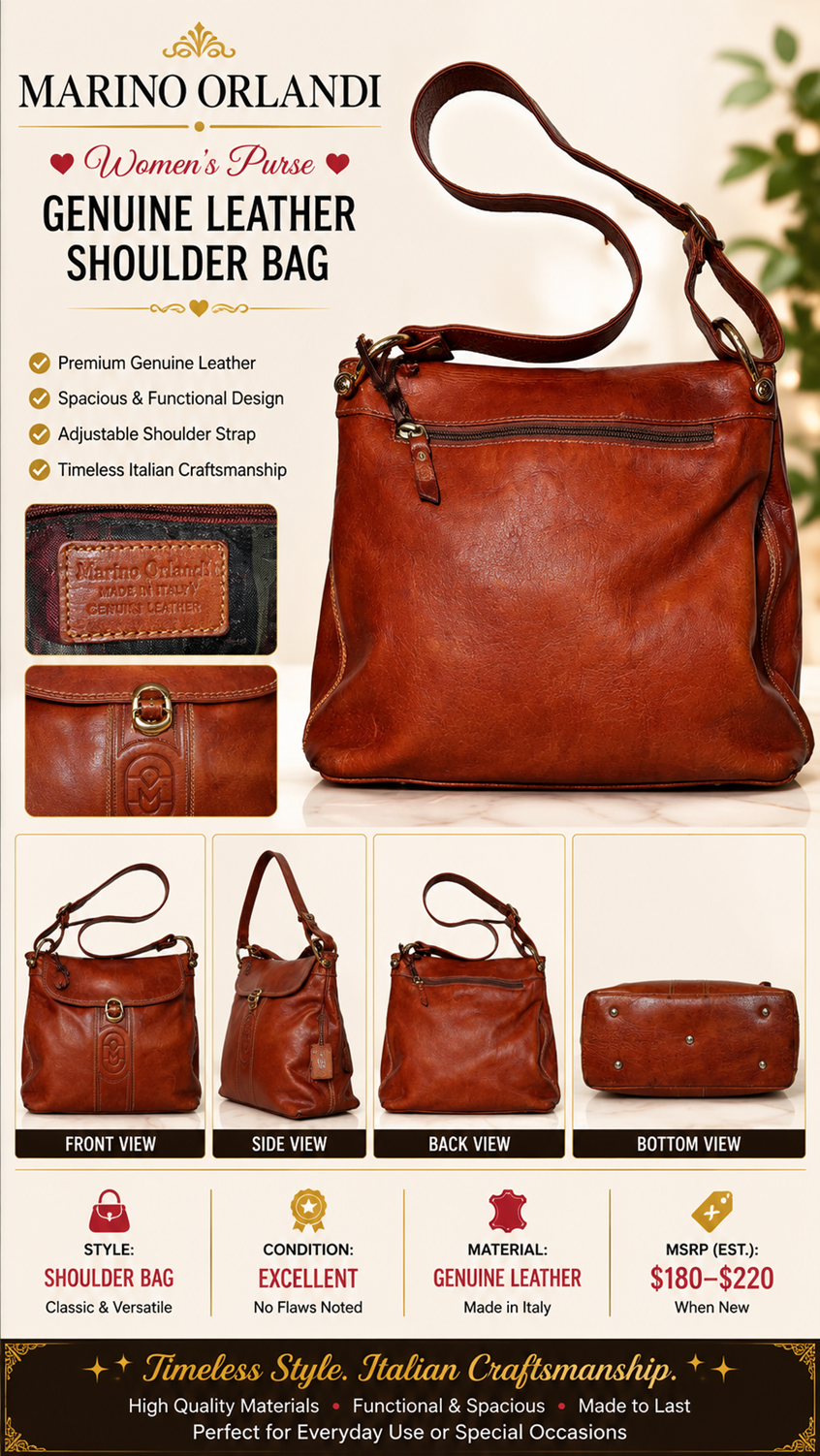 3 47 Marino Orlandi Italian Genuine Leather Crossbody Shoulder Bag Cognac Brown Made in Italy