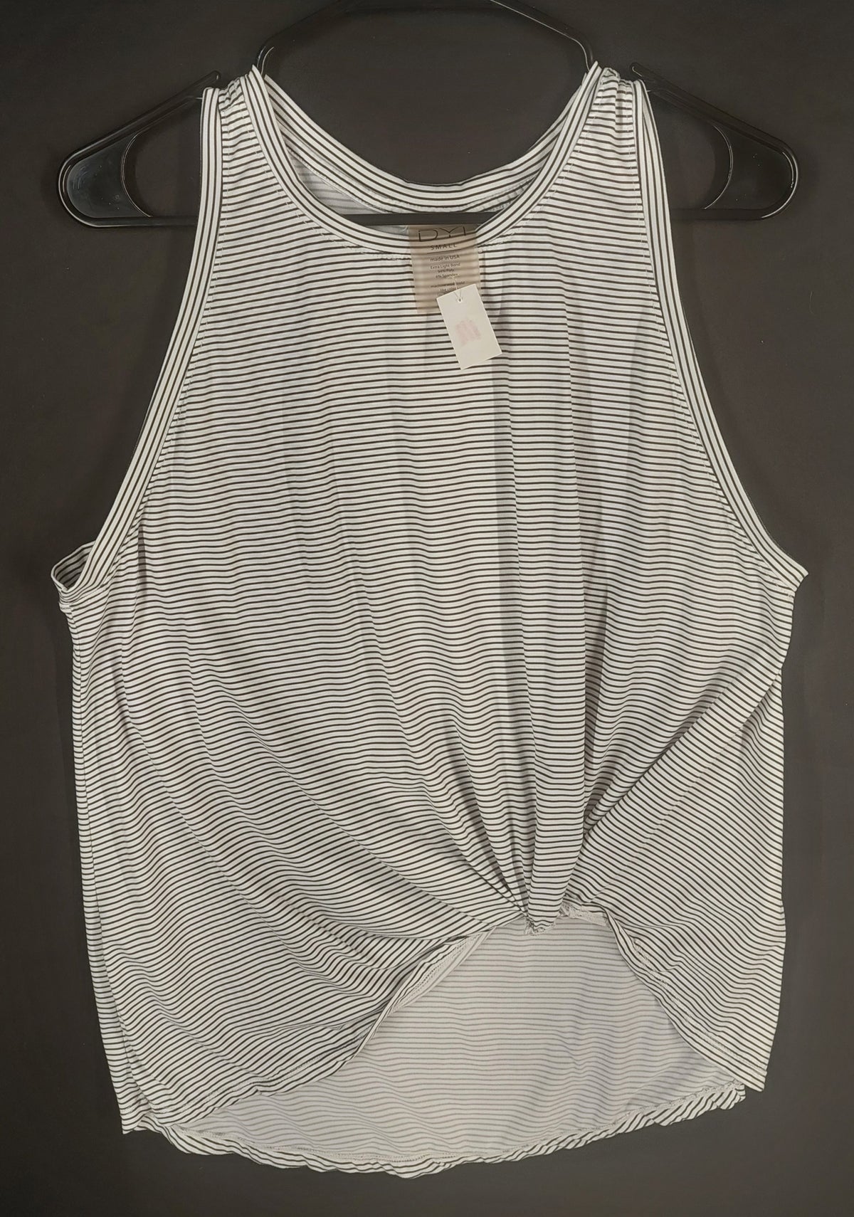 8-58 DYL Size S Black White Striped Twist Front Sleeveless Tank Top Made USA