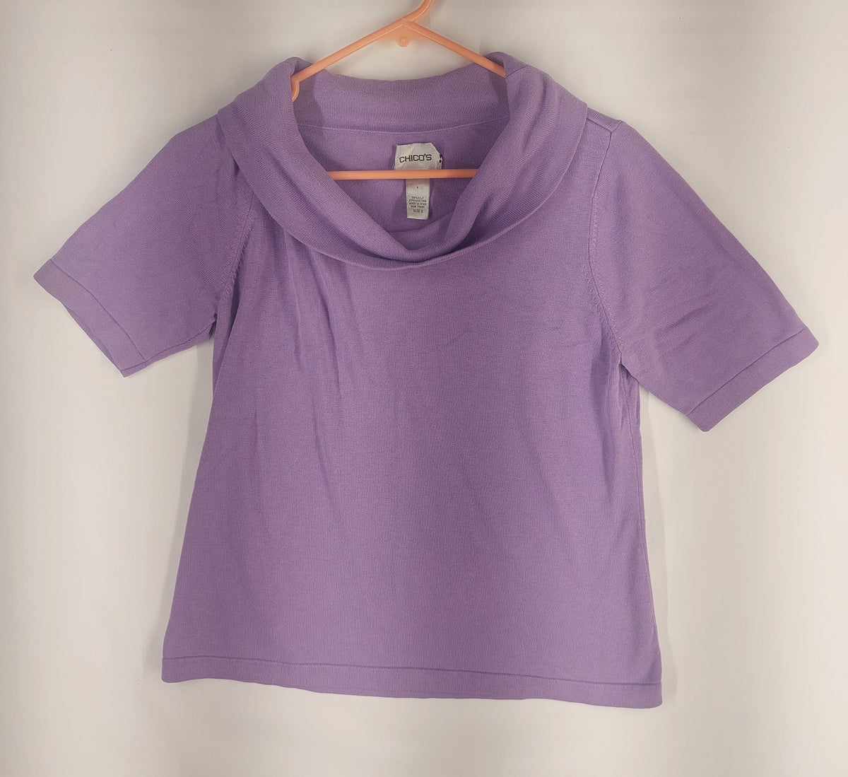 9-05 Chico's Size Large Purple Cowl Neck Short Sleeve Silk Blend Knit Top