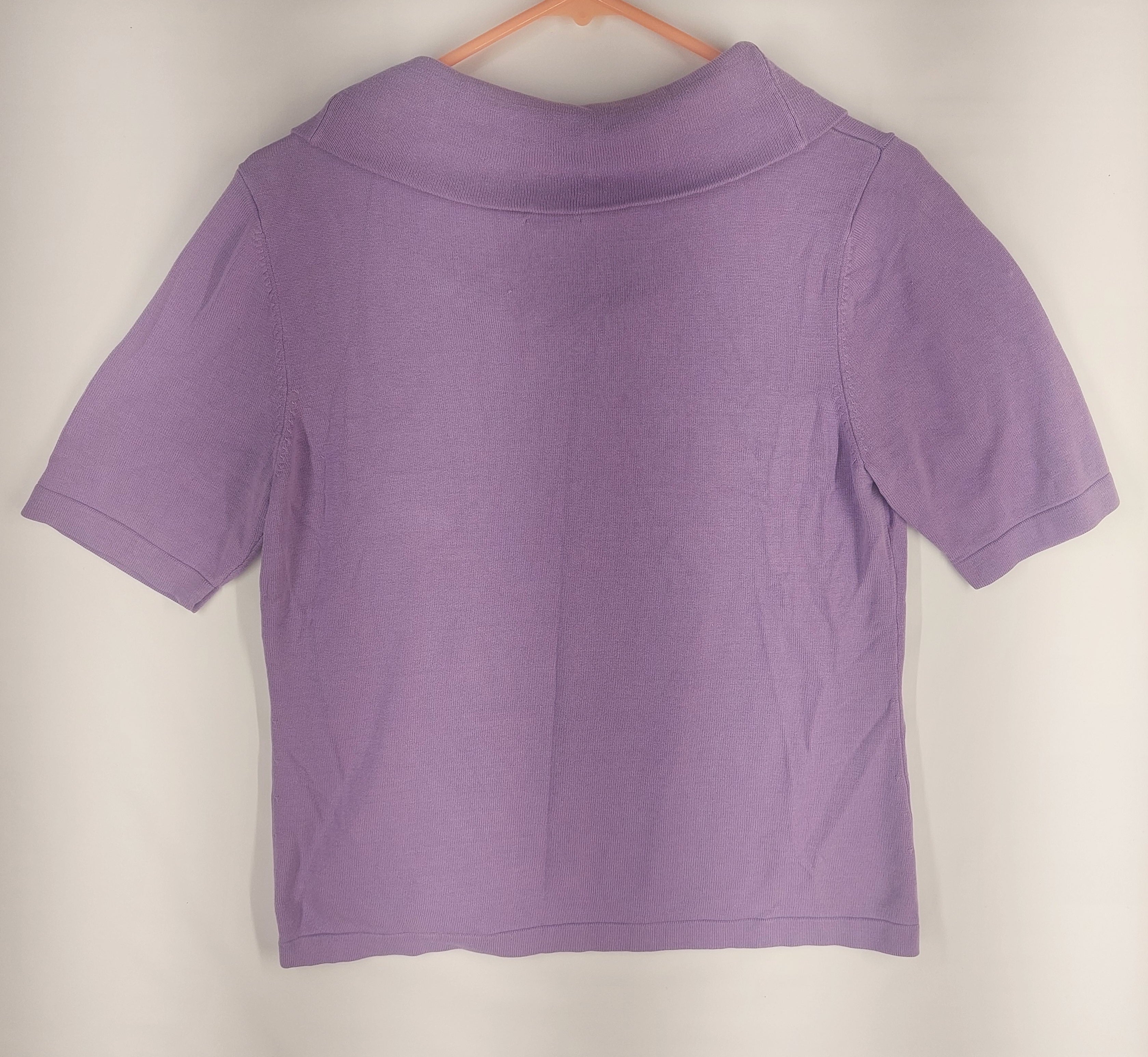9-05 Chico's Size Large Purple Cowl Neck Short Sleeve Silk Blend Knit Top