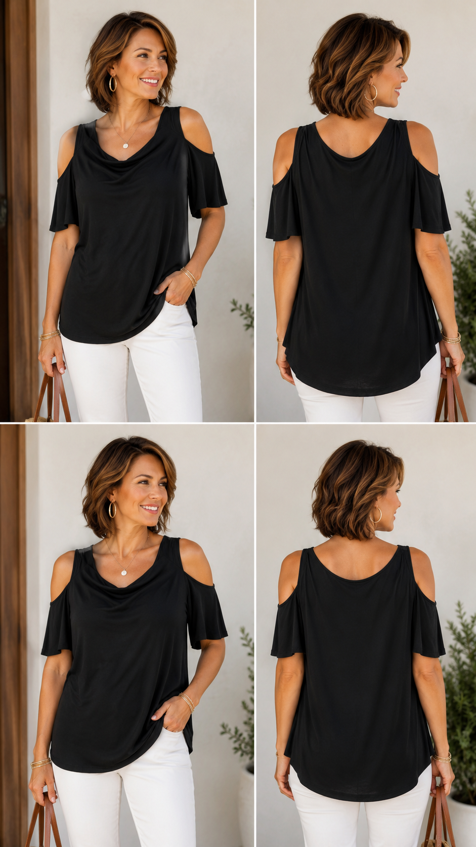 8 05 Chico's Size 1 Black Cold Shoulder Drape Neck Top Women's 3/4 Sleeve