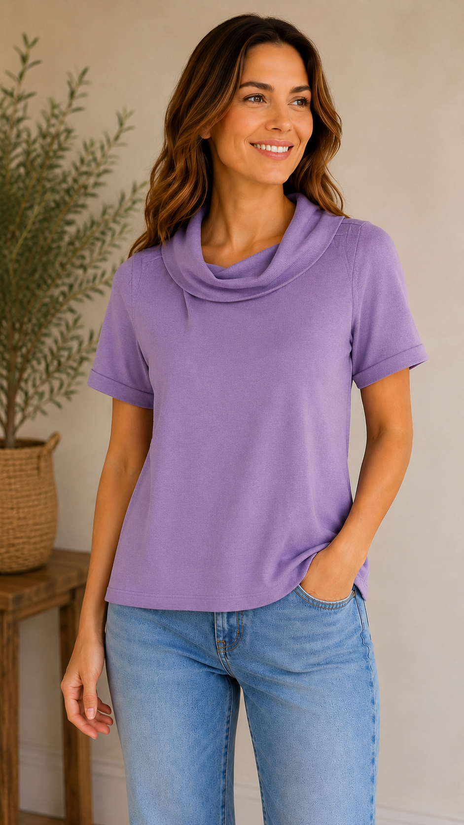 9-05 Chico's Size Large Purple Cowl Neck Short Sleeve Silk Blend Knit Top