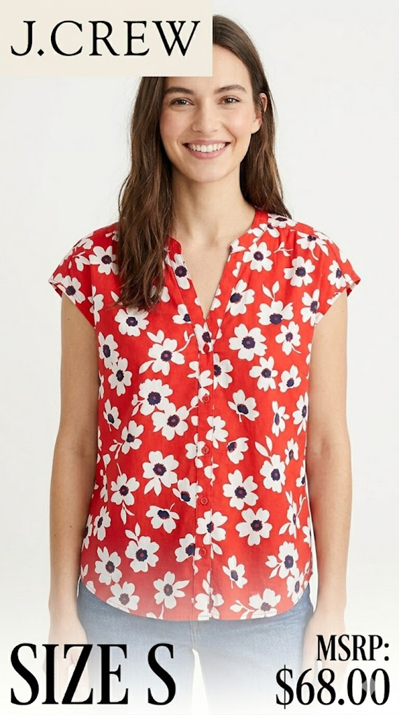 5 05 J.Crew Women's Size S Red and White Floral Button-Up Cap Sleeve Blouse