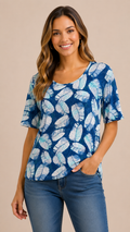 7 05 Chicos Size 3 Blue Tropical Leaf Print Top