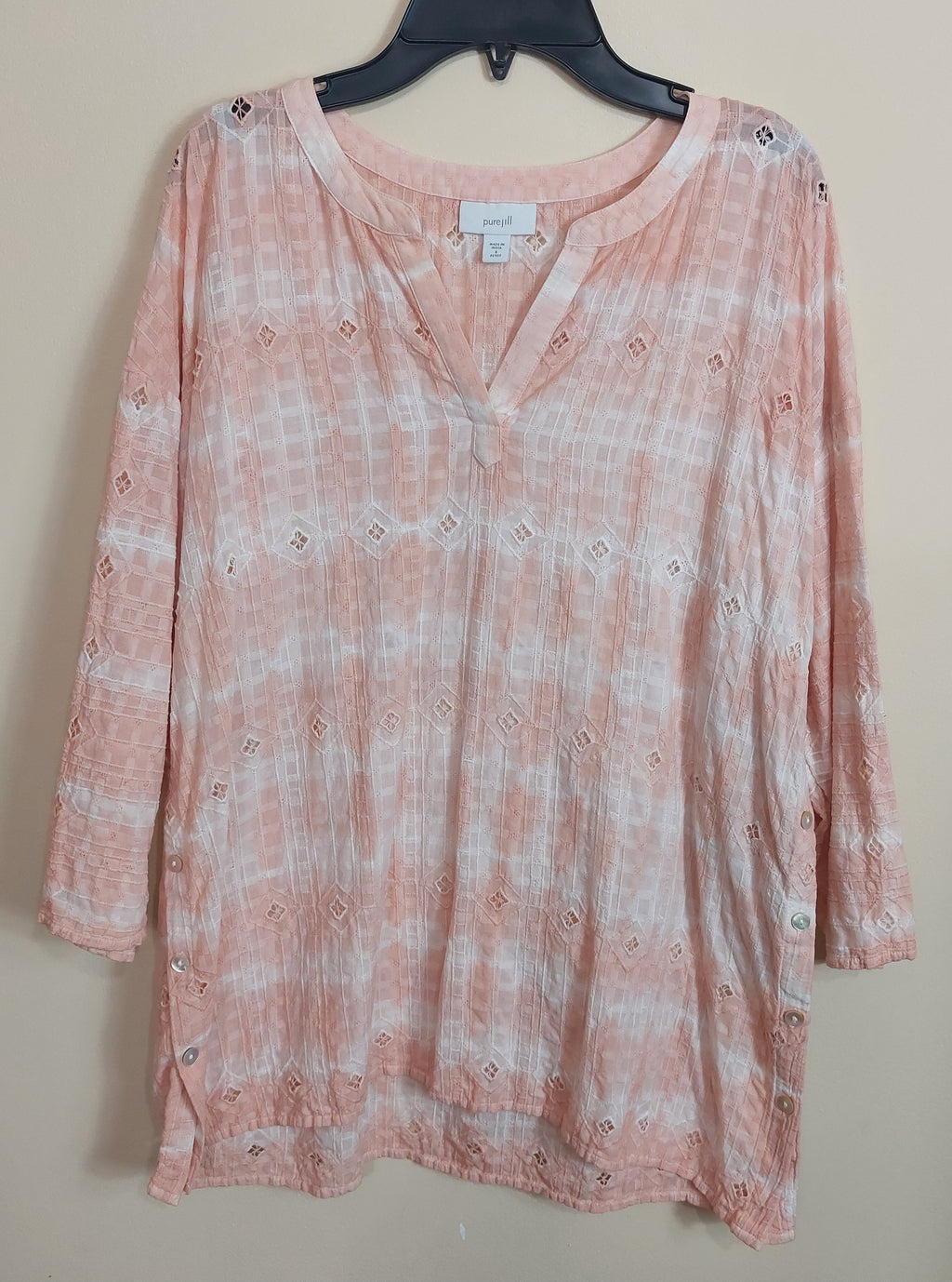 3 17 Pure Jill S Petite 3/4 Sleeve Tunic Top Soft Pink and White Textured Plaid Eyelet VNeck Tunic Relaxed Pure Jill comfort with feminine details