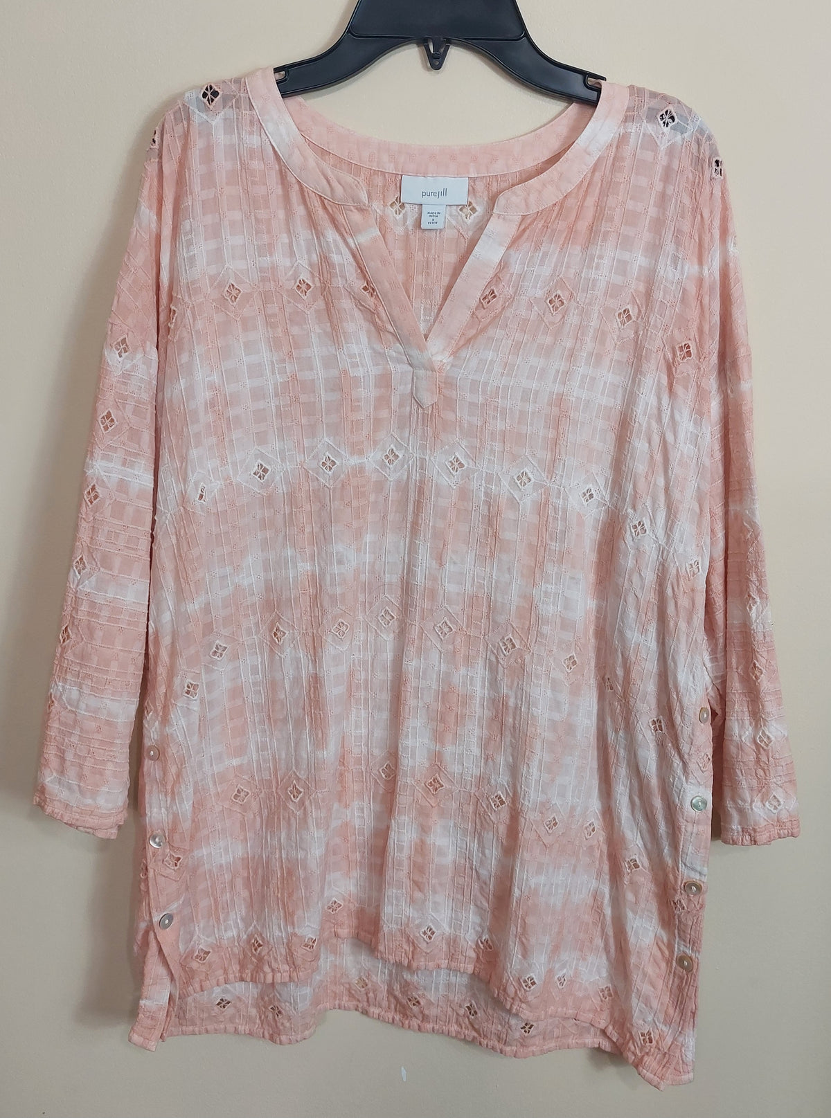 3 17 Pure Jill S Petite 3/4 Sleeve Tunic Top Soft Pink and White Textured Plaid Eyelet VNeck Tunic Relaxed Pure Jill comfort with feminine details