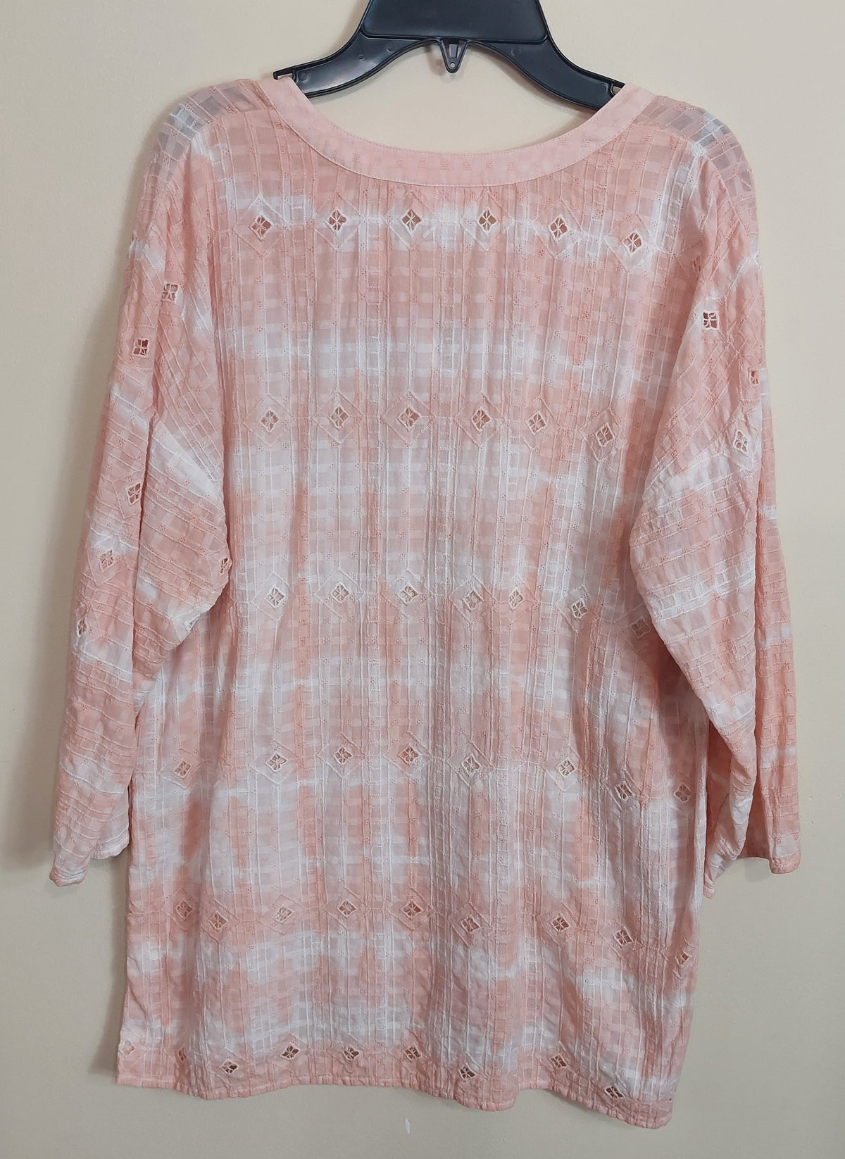 3 17 Pure Jill S Petite 3/4 Sleeve Tunic Top Soft Pink and White Textured Plaid Eyelet VNeck Tunic Relaxed Pure Jill comfort with feminine details