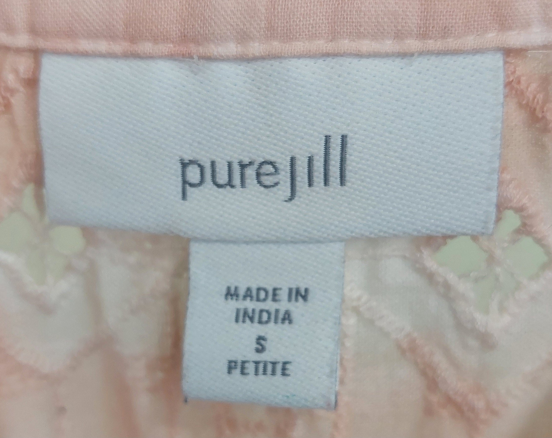 3 17 Pure Jill S Petite 3/4 Sleeve Tunic Top Soft Pink and White Textured Plaid Eyelet VNeck Tunic Relaxed Pure Jill comfort with feminine details