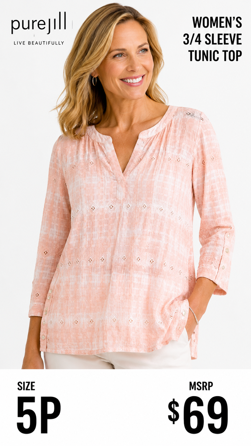 3 17 Pure Jill S Petite 3/4 Sleeve Tunic Top Soft Pink and White Textured Plaid Eyelet VNeck Tunic Relaxed Pure Jill comfort with feminine details