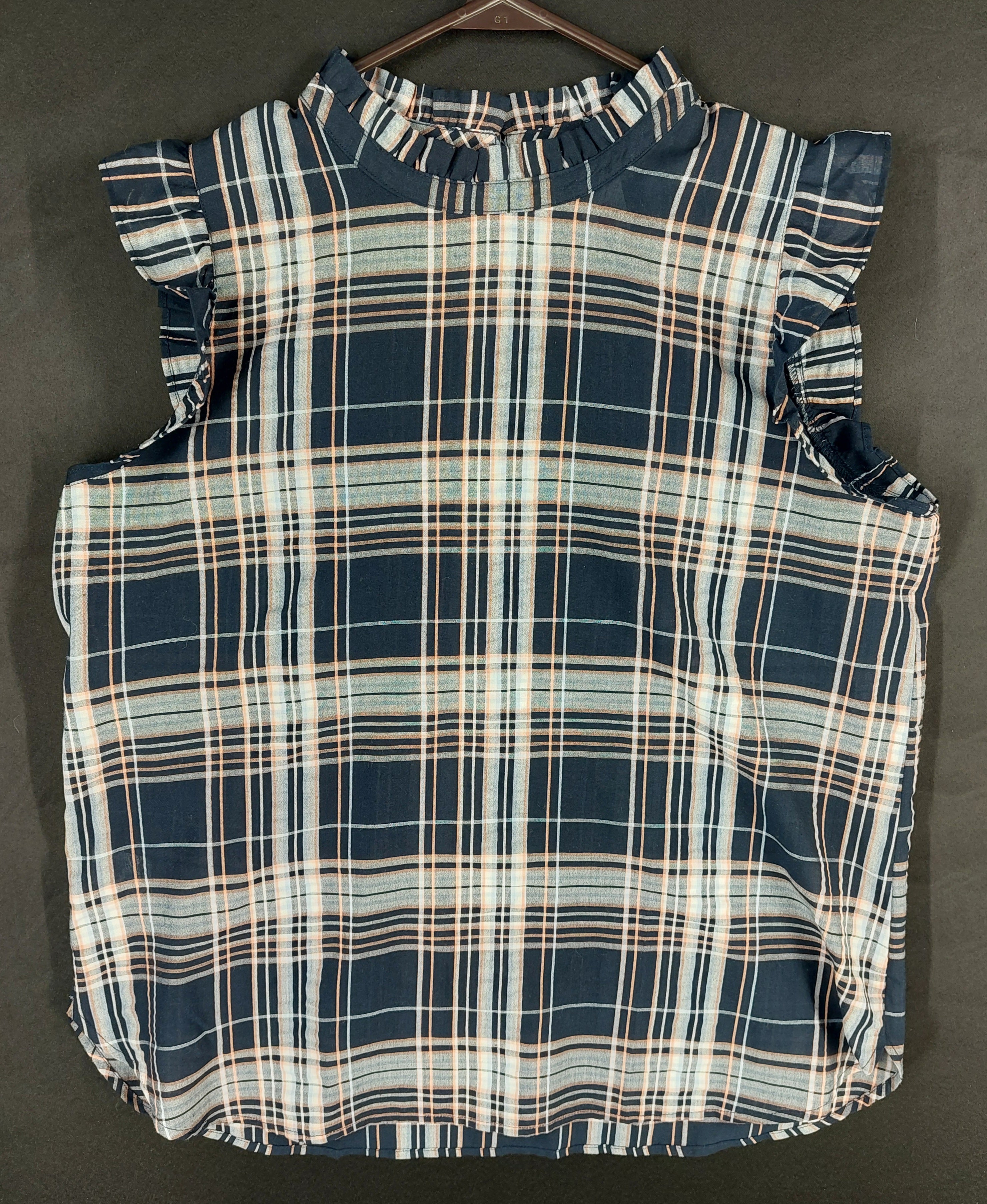 8-60 LOFT Size M Navy Plaid Sleeveless Ruffle Neck Blouse Top