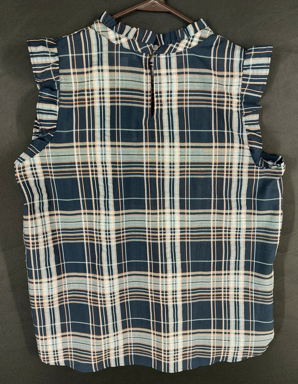 8-60 LOFT Size M Navy Plaid Sleeveless Ruffle Neck Blouse Top