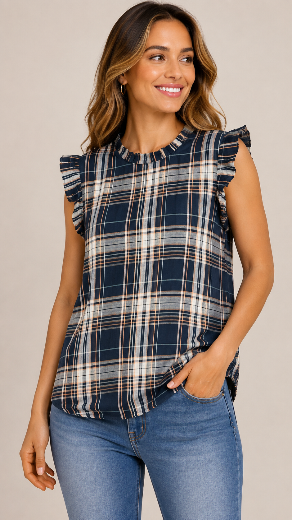 8-60 LOFT Size M Navy Plaid Sleeveless Ruffle Neck Blouse Top