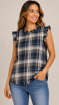 8-60 LOFT Size M Navy Plaid Sleeveless Ruffle Neck Blouse Top