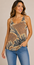8-65 Nic+Zoe XL Sleeveless Tank Top Brown Black Abstract Print Stretch Scoop Neck
