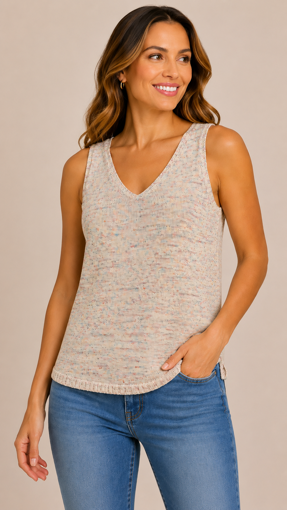 8-66 J.Jill Size L Speckled Knit V-Neck Sleeveless Tank Top Multicolor