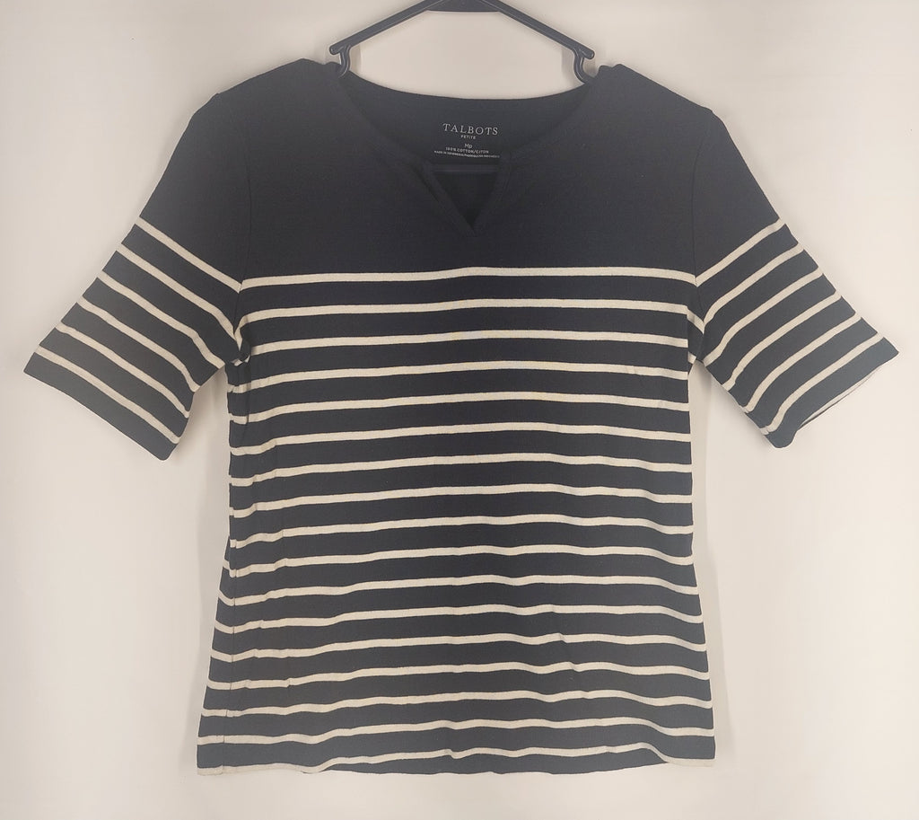 9-06 Talbots Medium Petite Navy Cream Striped V-Neck Short Sleeve Cotton Top