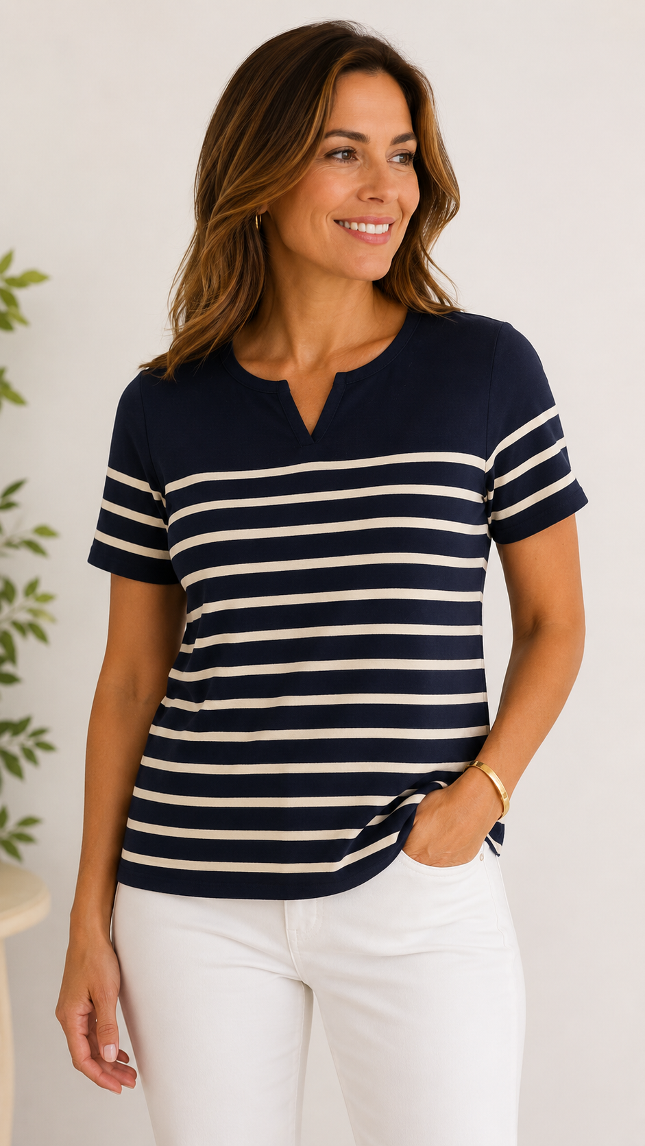 9-06 Talbots Medium Petite Navy Cream Striped V-Neck Short Sleeve Cotton Top