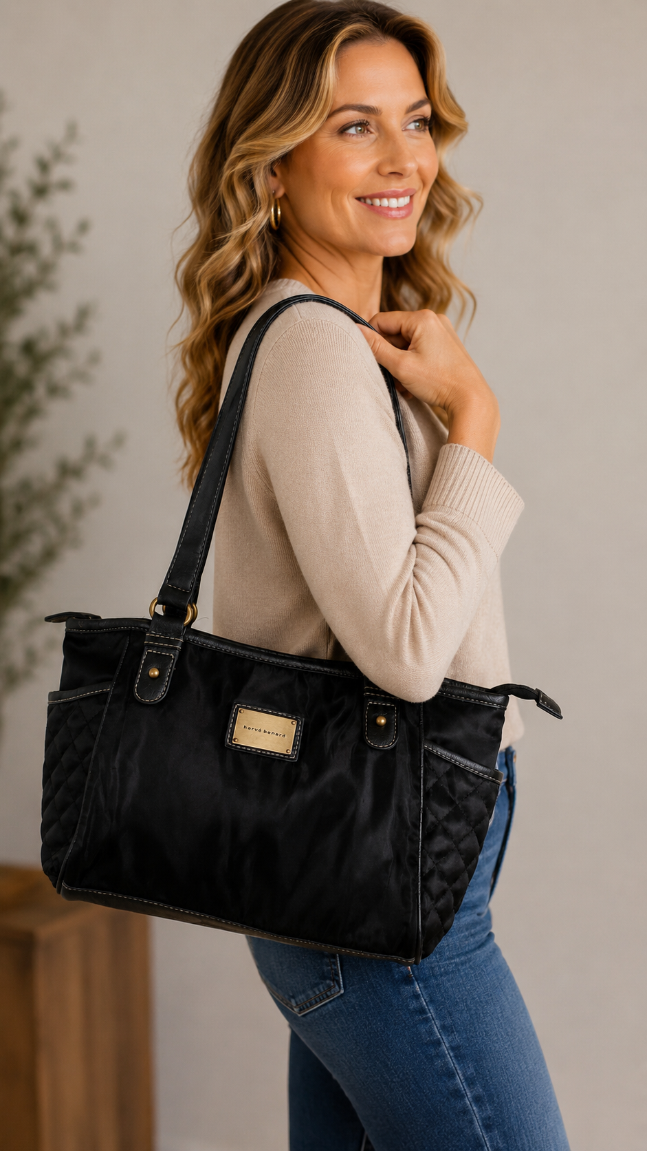 7 06 Harve Benard Black Quilted Nylon Shoulder Tote Bag