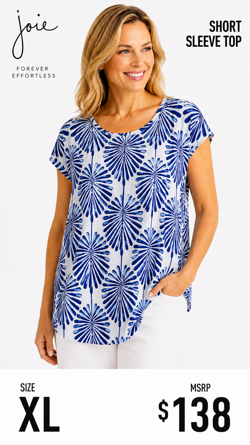 3 44 Joie Size XL Short Sleeve Top Blue and White 100% Linen Tropical Palm Leaf Print Top Lightweight designer linen top perfect for warm weather