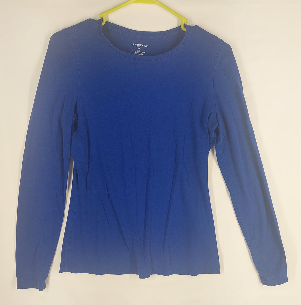 9-07 Lands' End XS Blue Fitted Long Sleeve Crew Neck Top Cotton Rayon Stretch