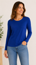 9-07 Lands' End XS Blue Fitted Long Sleeve Crew Neck Top Cotton Rayon Stretch