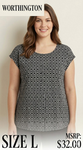 5 07 Worthington Women's Size L Geometric Print Scoop Neck Cap Sleeve Blouse Black Grey