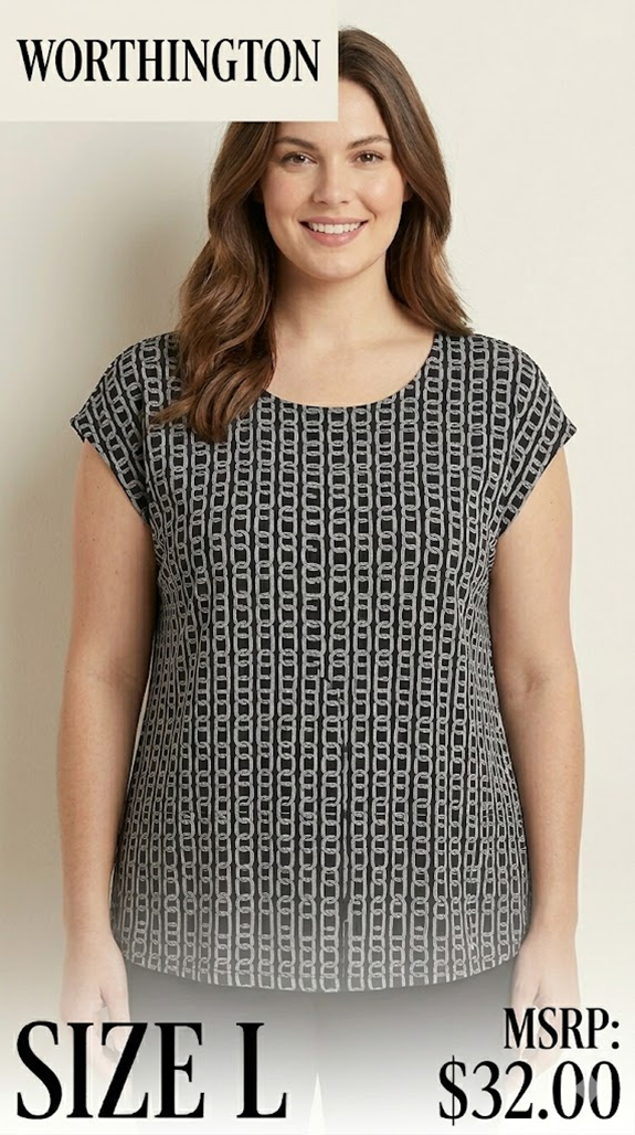 5 07 Worthington Women's Size L Geometric Print Scoop Neck Cap Sleeve Blouse Black Grey