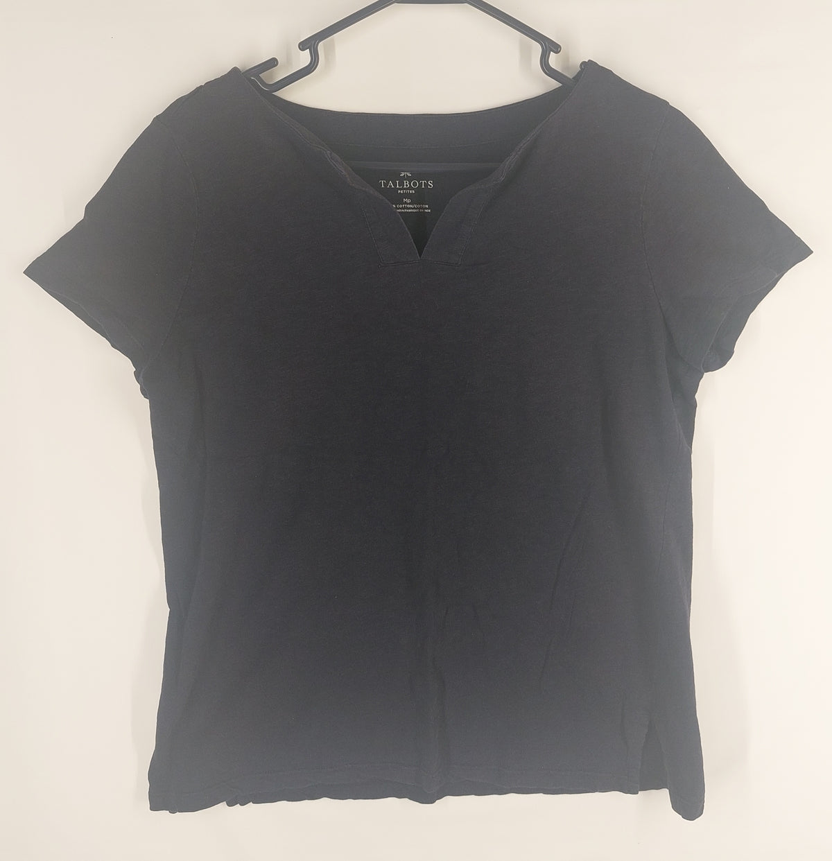 9-08 Talbots Petite Size M Black Short Sleeve Notch Neck Cotton Top