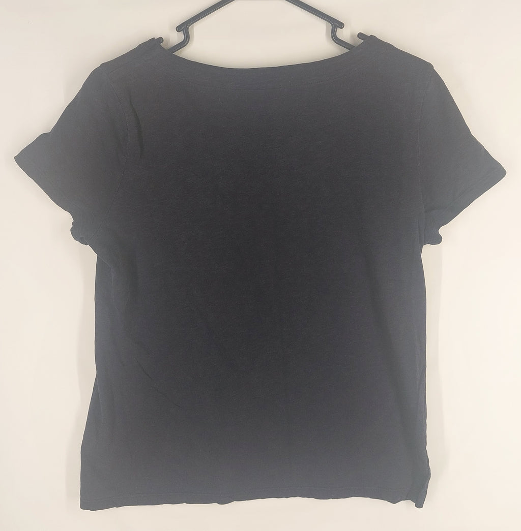 9-08 Talbots Petite Size M Black Short Sleeve Notch Neck Cotton Top