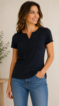 9-08 Talbots Petite Size M Black Short Sleeve Notch Neck Cotton Top