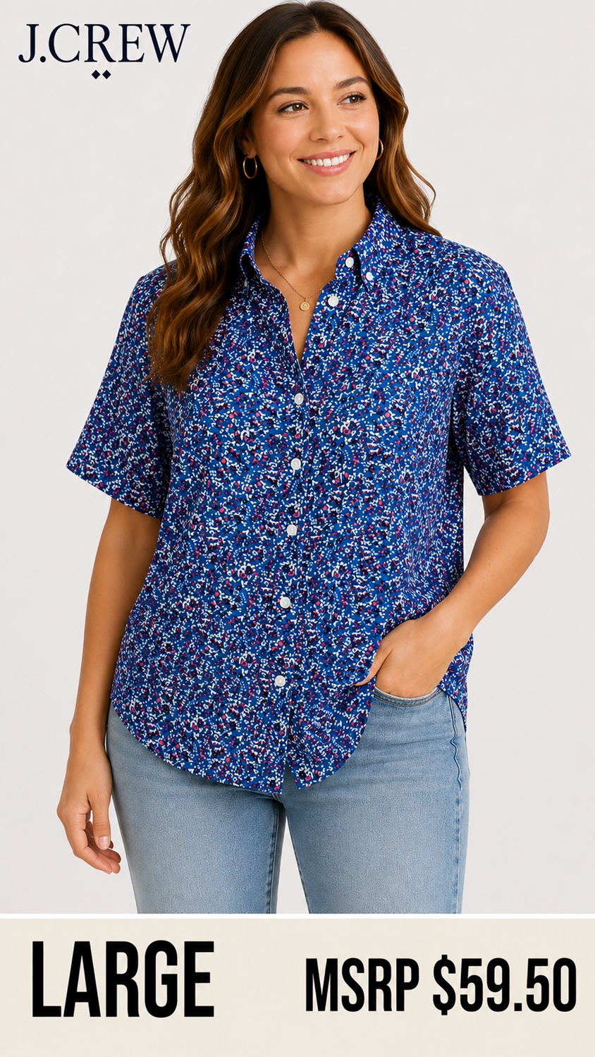 6 08 J.Crew Womens Blue Floral Button Front Shirt Large Short Sleeve